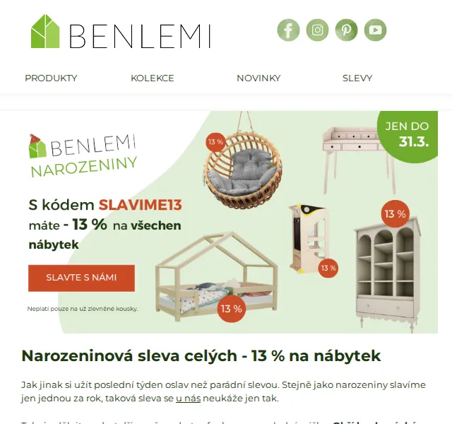 Michal z rodiny Benlemi: sleva 13 % na nábytek – červen 2026 | Nuslet.cz