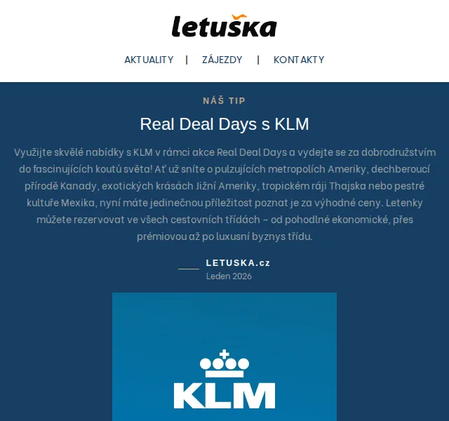 Letuška.cz: Real Deal Days KLM + 20% sleva Expanish – červen 2026 | Nuslet.cz