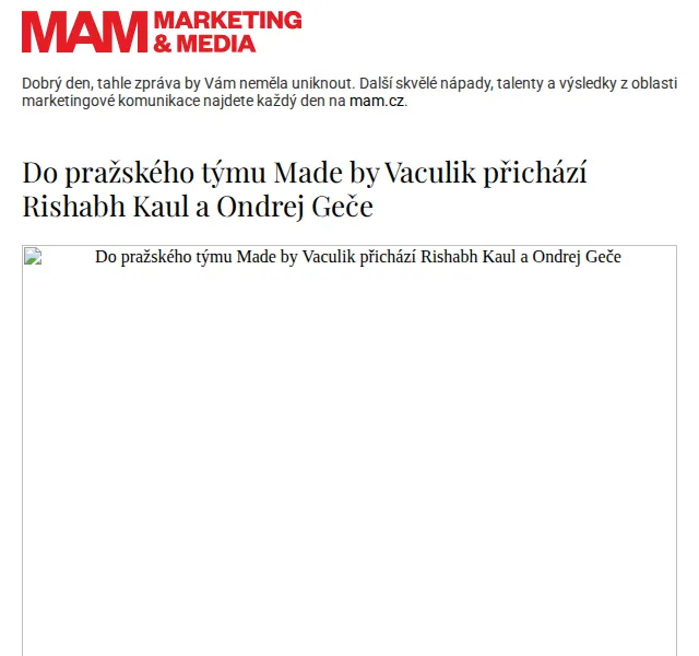 Marketing & Media: nové posily týmu Made by Vaculik - červen 2026 | Nuslet.cz