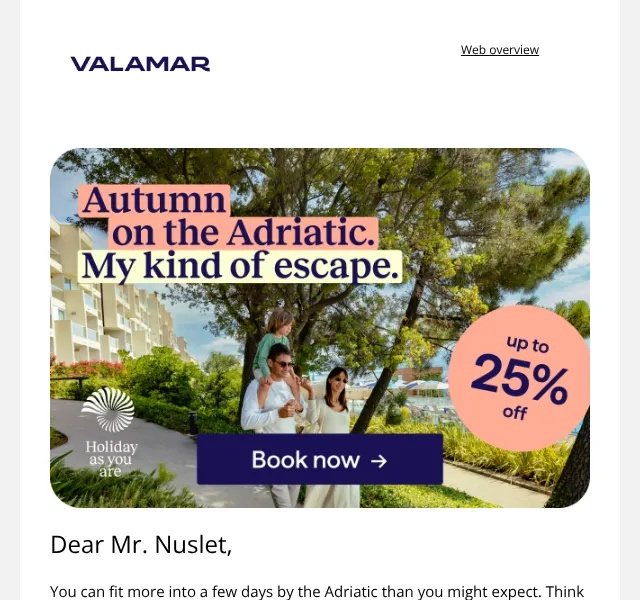 Valamar: až 25 % sleva na podzimní dovolenou – říjen 2026