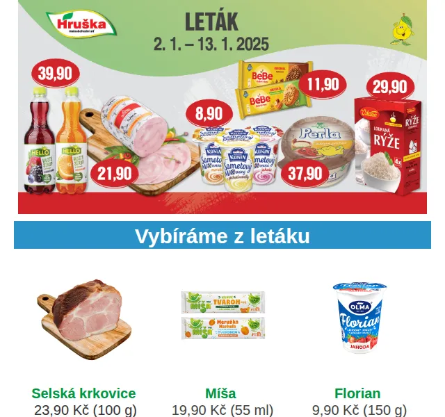 Váš HRUŠKA tým: Selská krkovice 23,90 Kč, Míša 19,90 Kč – leden 2025 | Nuslet.cz
