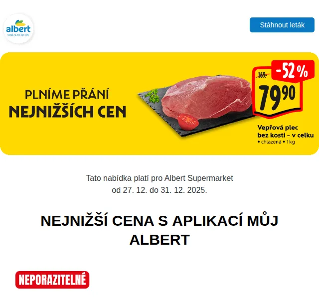 Albert: Vepřová plec za 79,90 Kč/kg – prosinec 2025 | Nuslet.cz