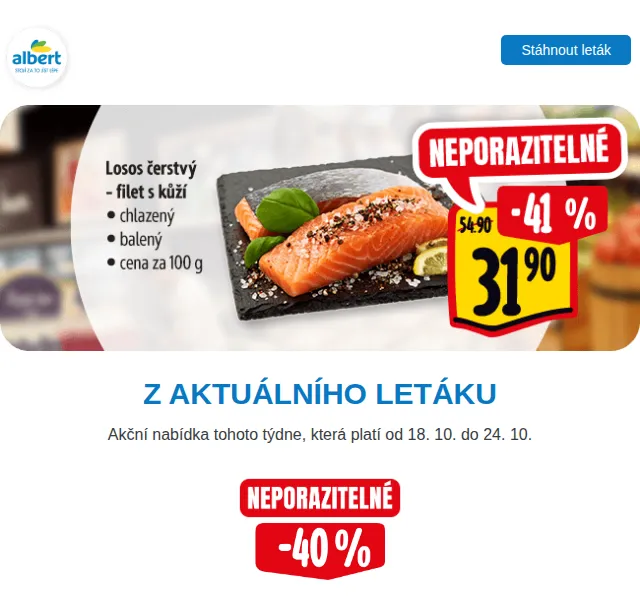 Albert: filet z lososa 31,90 Kč/100 g – červenec 2026 | Nuslet.cz