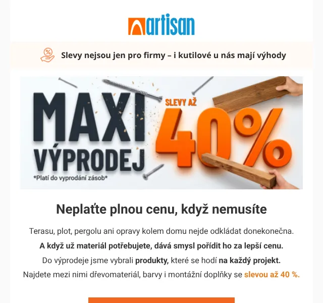 Artisan.cz: Dřevo, barvy a nářadí až -40 % – květen 2026