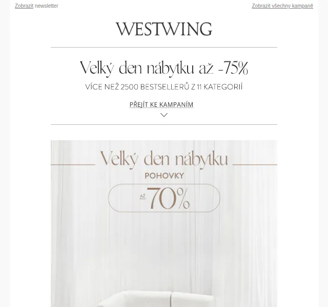Westwing: DEN NÁBYTKU – 11 kategorií až do -75 % – červen 2026 | Nuslet.cz