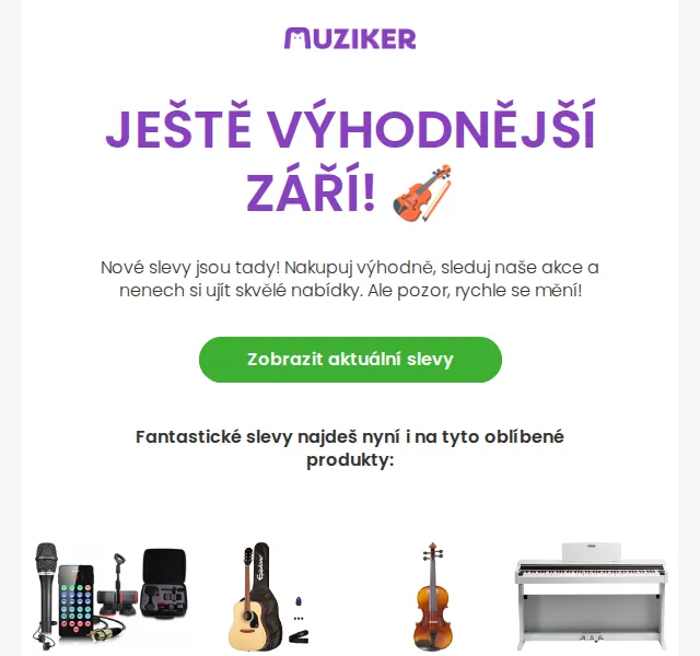 Muziker: zářijové slevy na hudební nástroje do 6 389 Kč – září 2026 | Nuslet.cz