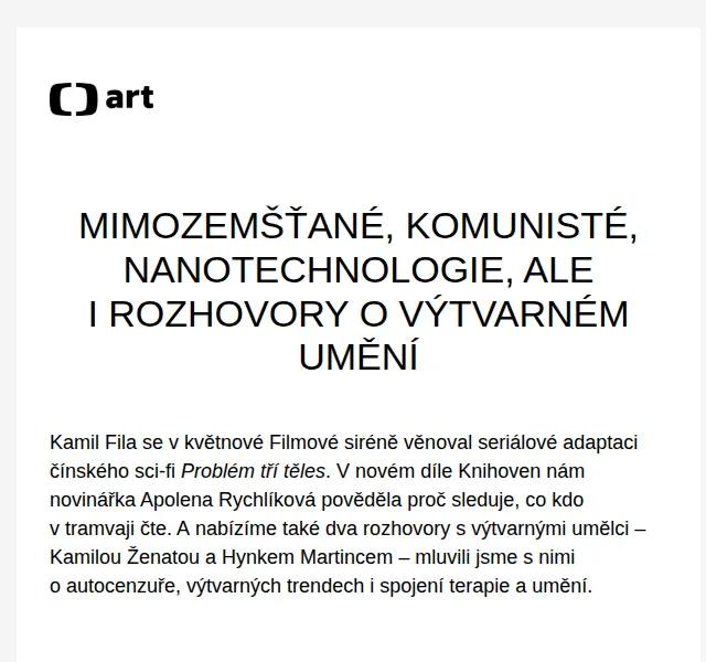 Web ČT art: Problém tří těles, rozhovory s umělci – červen 2026 | Nuslet.cz