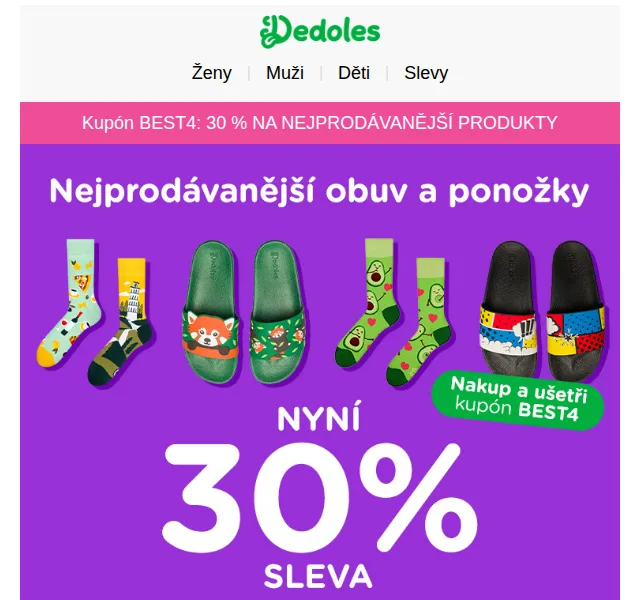 Dedoles.cz: 30% sleva na nejprodávanější ponožky a obuv – červen 2026 | Nuslet.cz