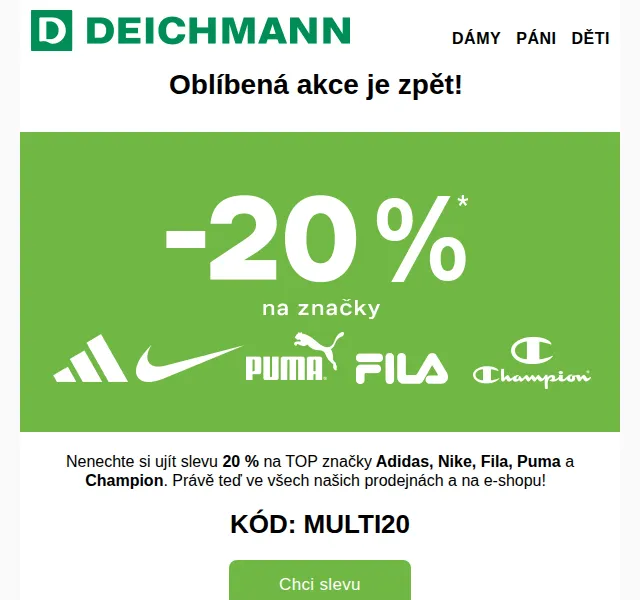 Deichmann: -20 % na Nike, Adidas, Puma – duben 2026