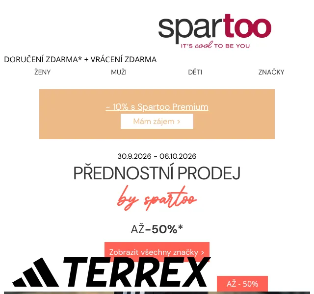 Spartoo.cz: až -50 % Adidas TERREX, Levi's – září 2026
