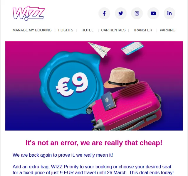 Wizz Air: příruční zavazadlo + přednostní nástup za 9 EUR – březen 2026 | Nuslet.cz
