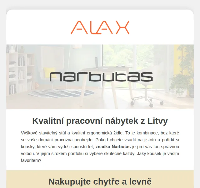 ALAX nábytek: Narbutas sleva 20 % na pracovní nábytek – červen 2026 | Nuslet.cz