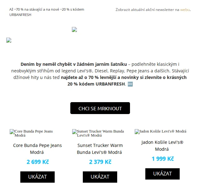 UrbanStore: džíny Levi's a Diesel až −70 % – červen 2026 | Nuslet.cz