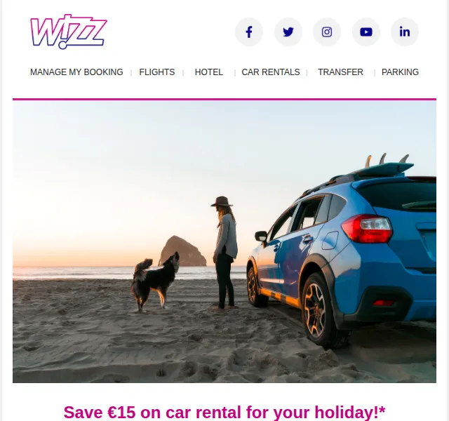 Wizz Air: sleva 15 € na půjčení auta + 5% zpět – červenec 2026 | Nuslet.cz