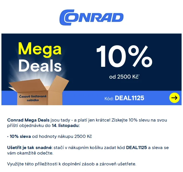 Conrad Electronic: 10% sleva nad 2500 Kč – listopad 2025 | Nuslet.cz