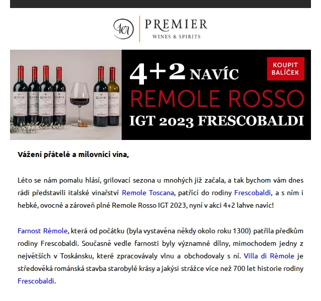 Premier Wines & Spirits: Remole Rosso 4+2 lahve – červenec 2026 | Nuslet.cz