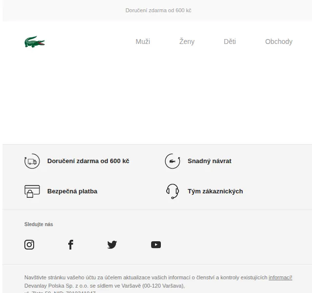 LACOSTE: Doručení zdarma od 600 Kč – červen 2026 | Nuslet.cz