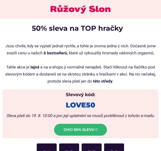 Růžový Slon: 50% sleva slevový kód LOVE50 – srpen 2026