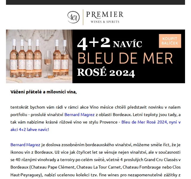 Premier Wines & Spirits: Bleu de Mer Rosé 2024 B. Magrez 4+2 lahve – červen 2026 | Nuslet.cz