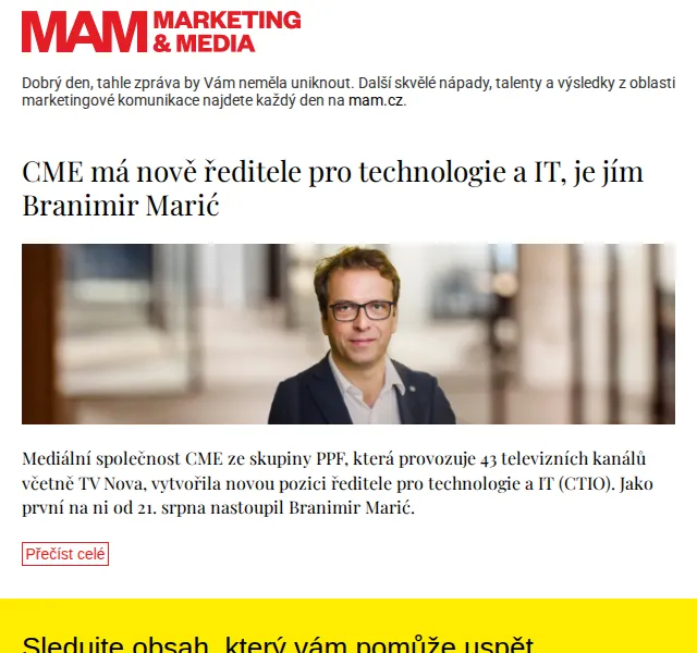 Marketing & Media: CME jmenovala CTIO – červen 2026 | Nuslet.cz