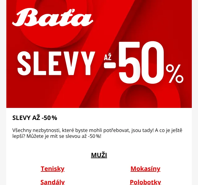 Baťa: Nezbytnosti se slevou až -50 % – červen 2026