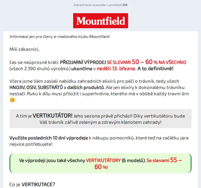 Mountfield: Vertikutátory se slevou 55–60 % – červen 2026 | Nuslet.cz