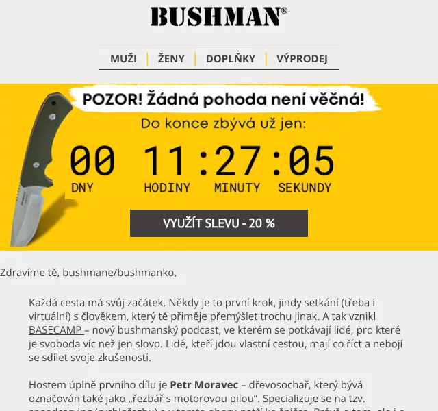BUSHMAN: 20 % sleva na outdoor oblečení – duben 2026