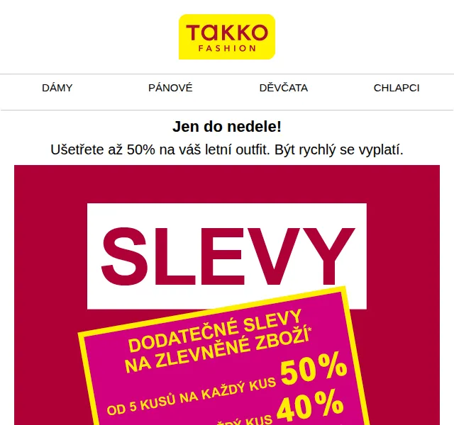 Takko Fashion: Finální výprodej až 50 % – červen 2026 | Nuslet.cz