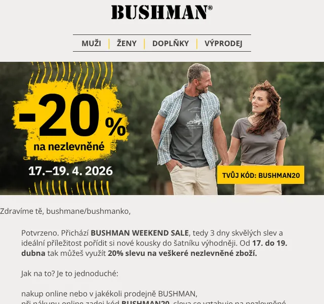 BUSHMAN: 20% sleva na oblečení – duben 2026 | Nuslet.cz