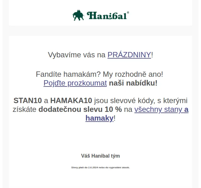 Hanibal.cz: Sleva 10 % na stany a hamaky – červen 2026 | Nuslet.cz