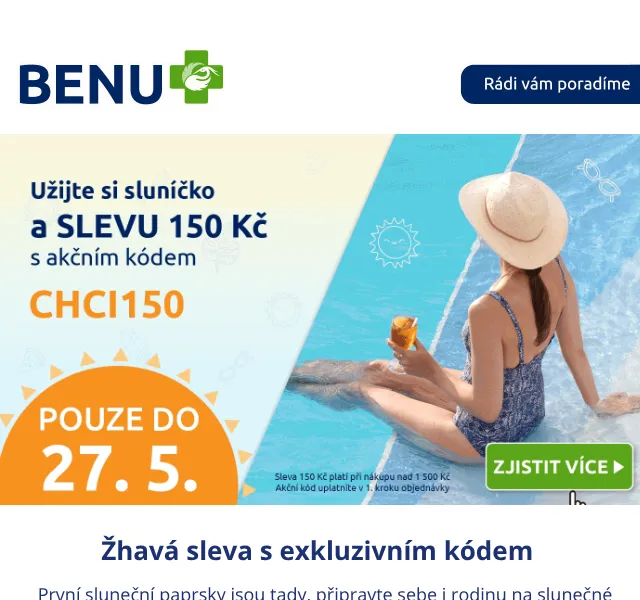 BENU E-shop: sleva 150 Kč na opalovací krémy – květen 2026