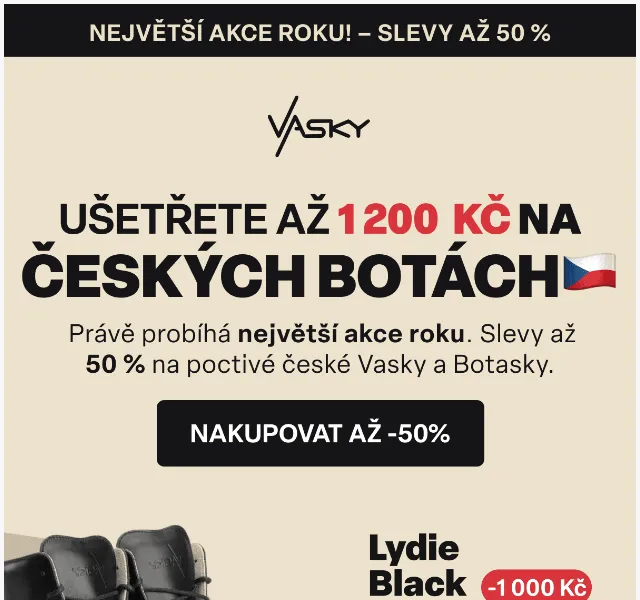 Vasky: Sleva až 1 200 Kč na české boty – červen 2026 | Nuslet.cz