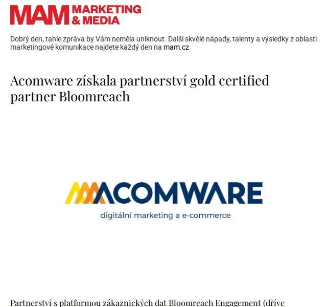 Marketing & Media: Acomware získala partnerství Gold s Bloomreach – červenec 2026 | Nuslet.cz