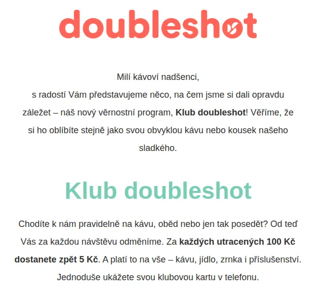 Doubleshot: Klub věrnostní program 5 Kč zpět za 100 Kč – červen 2026 | Nuslet.cz