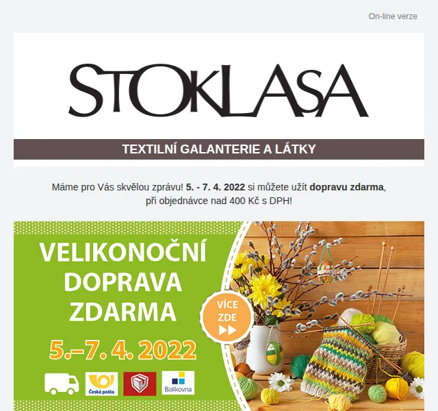 Stoklasa: velikonoční doprava zdarma nad 400 Kč – červen 2026 | Nuslet.cz