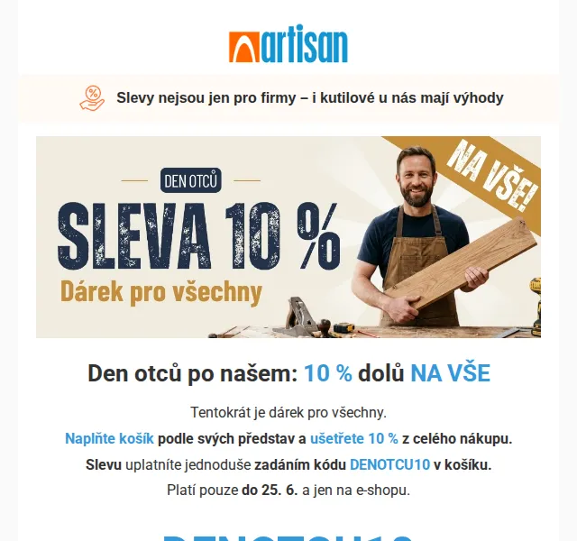 Artisan.cz: 10 % na stavební materiály — Červen 2026