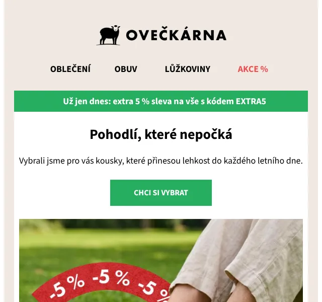 Ovečkárna: letní výprodej obuvi až -50 % + extra 5 % | Červenec 2026