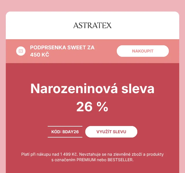 Astratex: Krajka −26 % slevový kód BDAY26