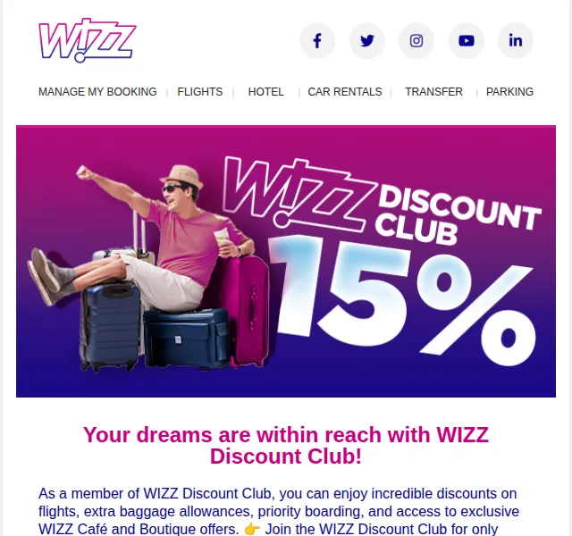 Wizz Air: Členství WIZZ Discount Club za 29,99 EUR – červen 2026 | Nuslet.cz