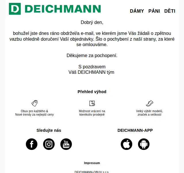 DEICHMANN: Omluva za chybný e-mail – červen 2026 | Nuslet.cz