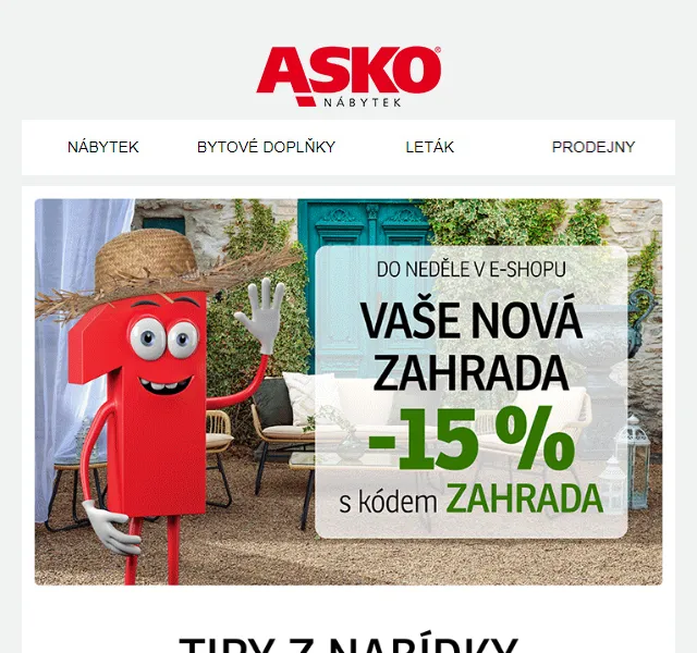 Asko Nábytek: SLEVA -15 % na ZAHRADU – červen 2026 | Nuslet.cz