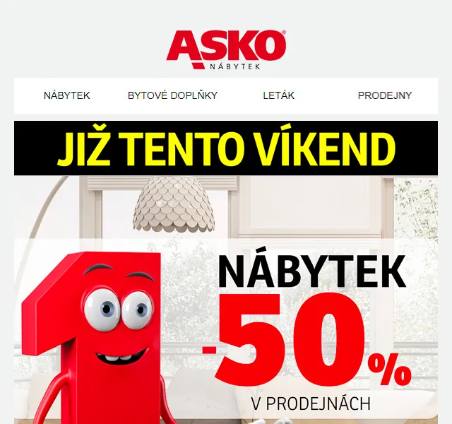 Asko Nábytek: SLEVA 50 % na všechno – červen 2026 | Nuslet.cz