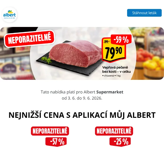 Albert: Meloun 16,90 Kč/kg, Mléko 12,90 Kč/l – červen 2026