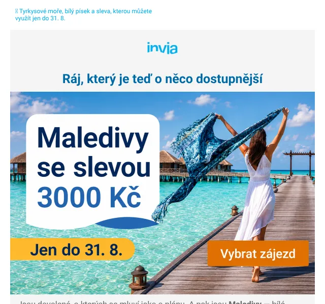 Invia: Maledivy se slevou 3 000 Kč – srpen 2026