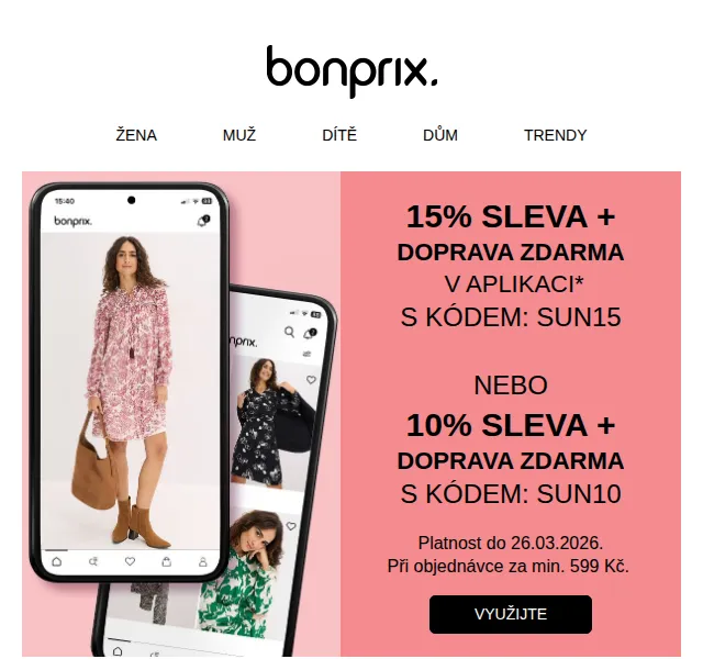 Bonprix: 15% sleva v aplikaci a doprava zdarma – březen 2026 | Nuslet.cz