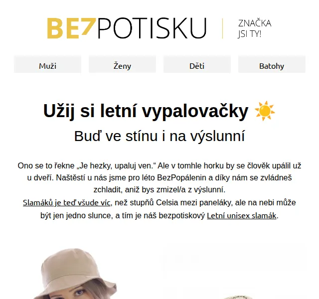 BezPotisku: Letní čepice a klobouky od 195 Kč – červen 2026 | Nuslet.cz