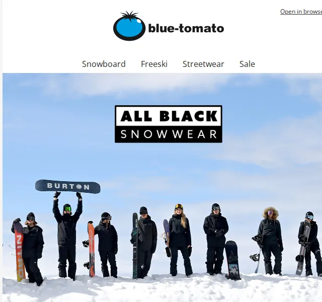 BLUE TOMATO: All-black snowwear – červen 2026 | Nuslet.cz