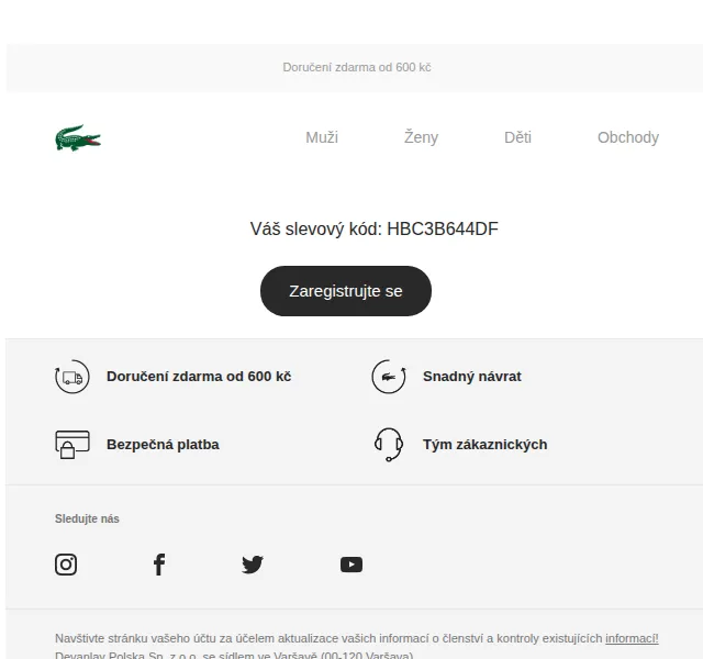 LACOSTE: 10% sleva pro členy klubu – červen 2026 | Nuslet.cz