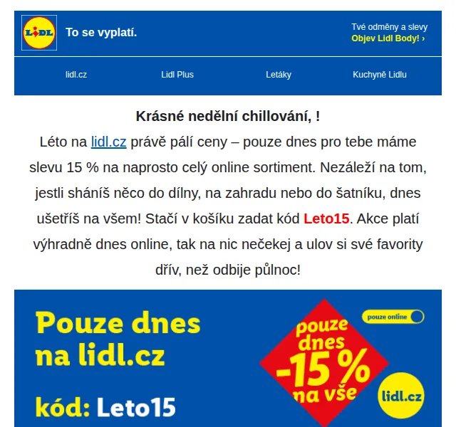 Lidl: 15 % sleva na vše online – červen 2026 | Nuslet.cz