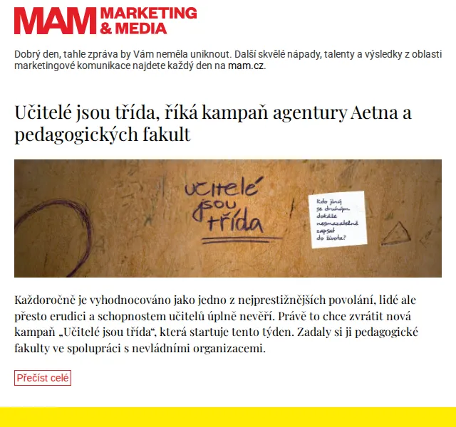 Marketing & Media: Učitelé jsou třída – nová kampaň – červen 2026 | Nuslet.cz